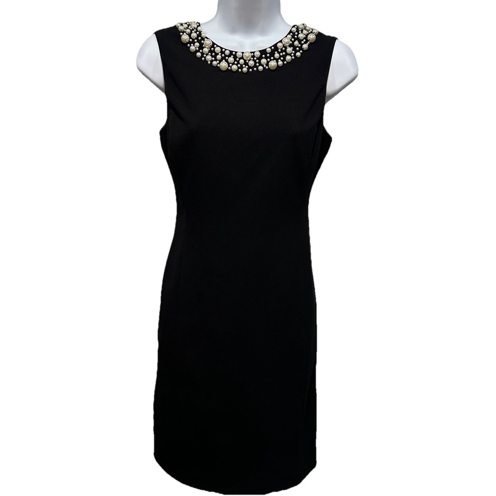 Calvin Klein Dress Womens 4P Black Pearl Embellished Neckline Sleeveless Sheath